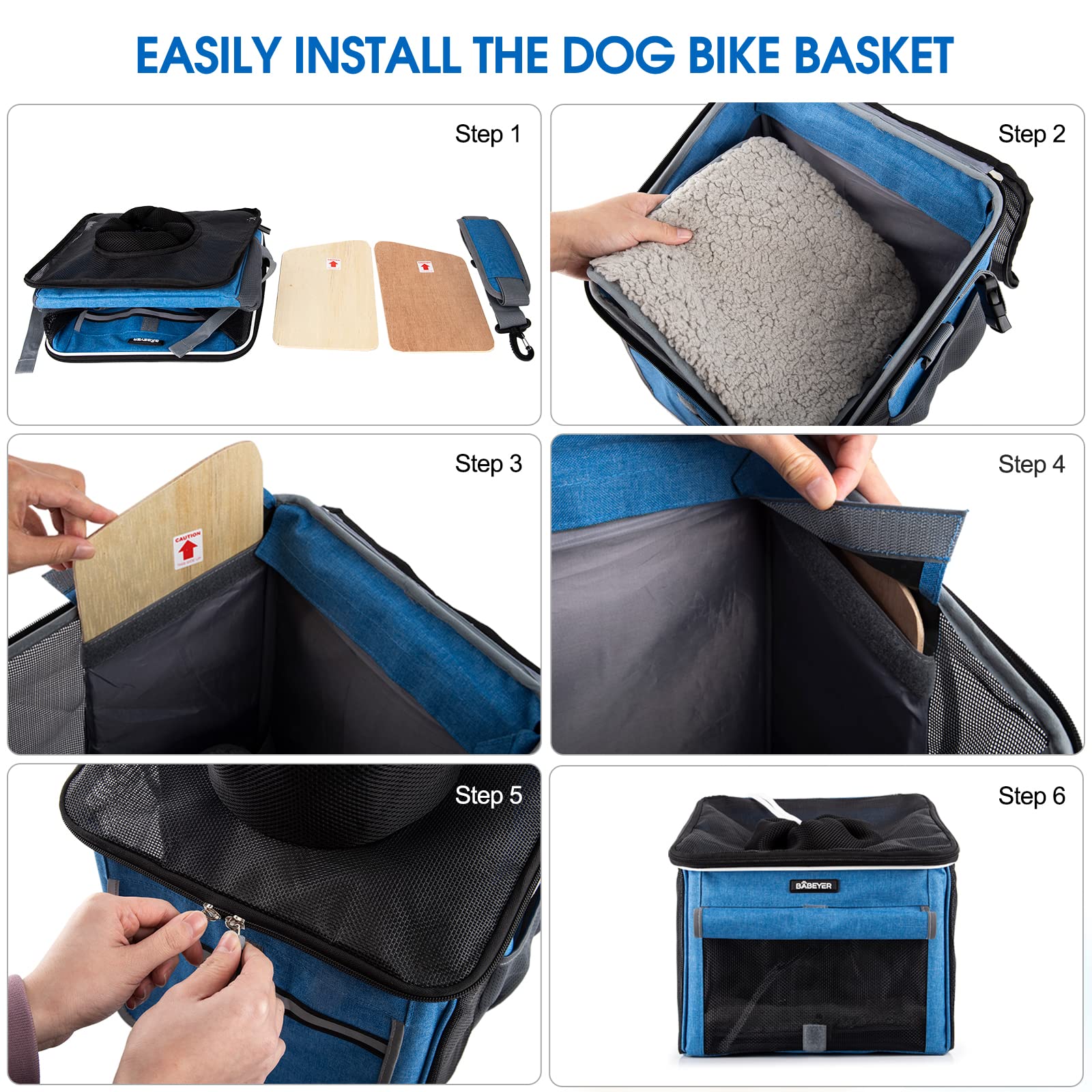 BABEYER dog bike basket blue rain cover included for weather protection.