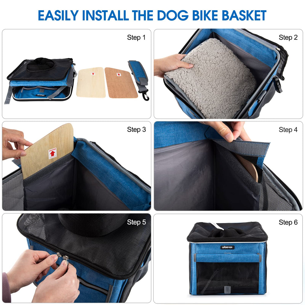 BABEYER dog bike basket blue rain cover included for weather protection.
