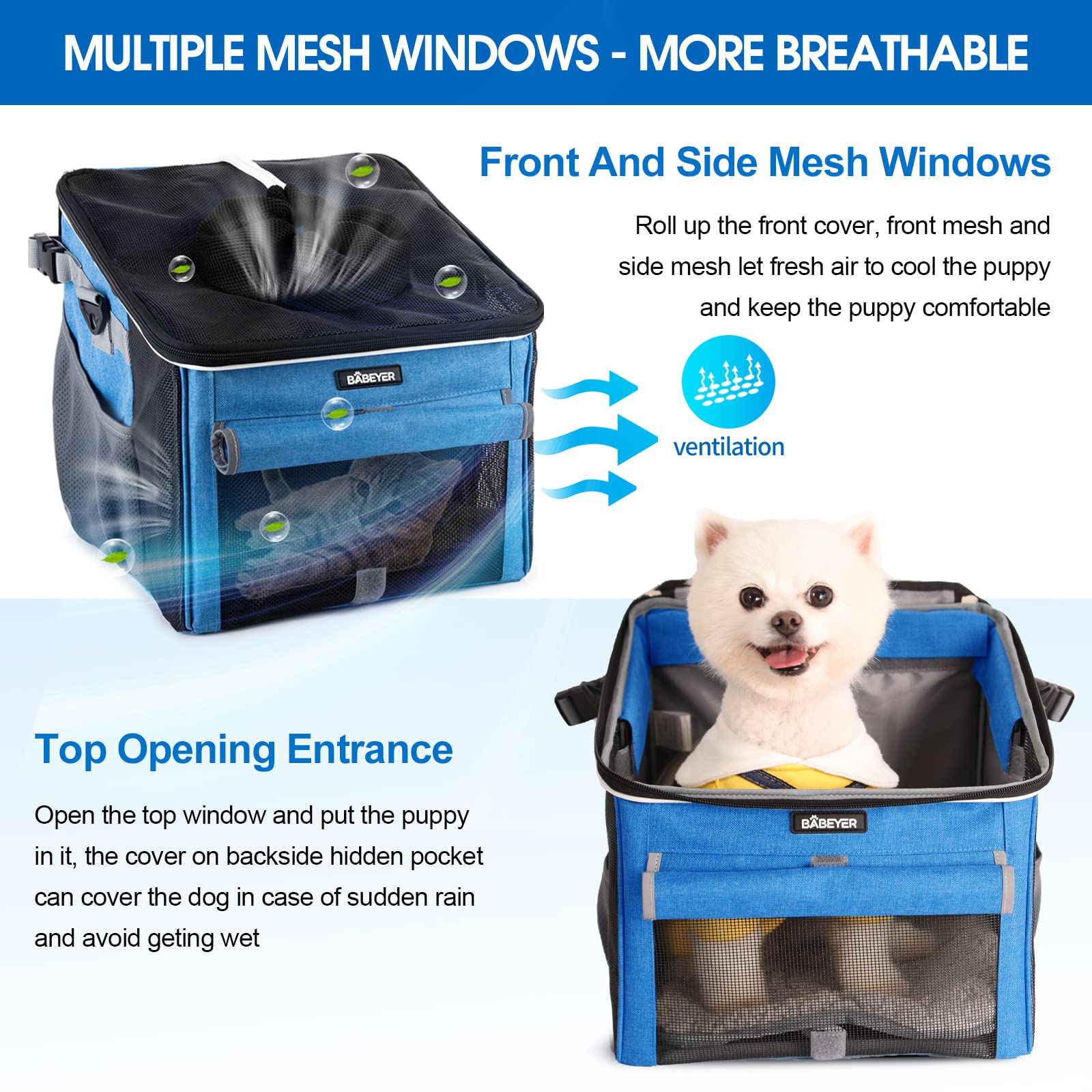 BABEYER dog bike basket blue side view showing breathable mesh for cooling.