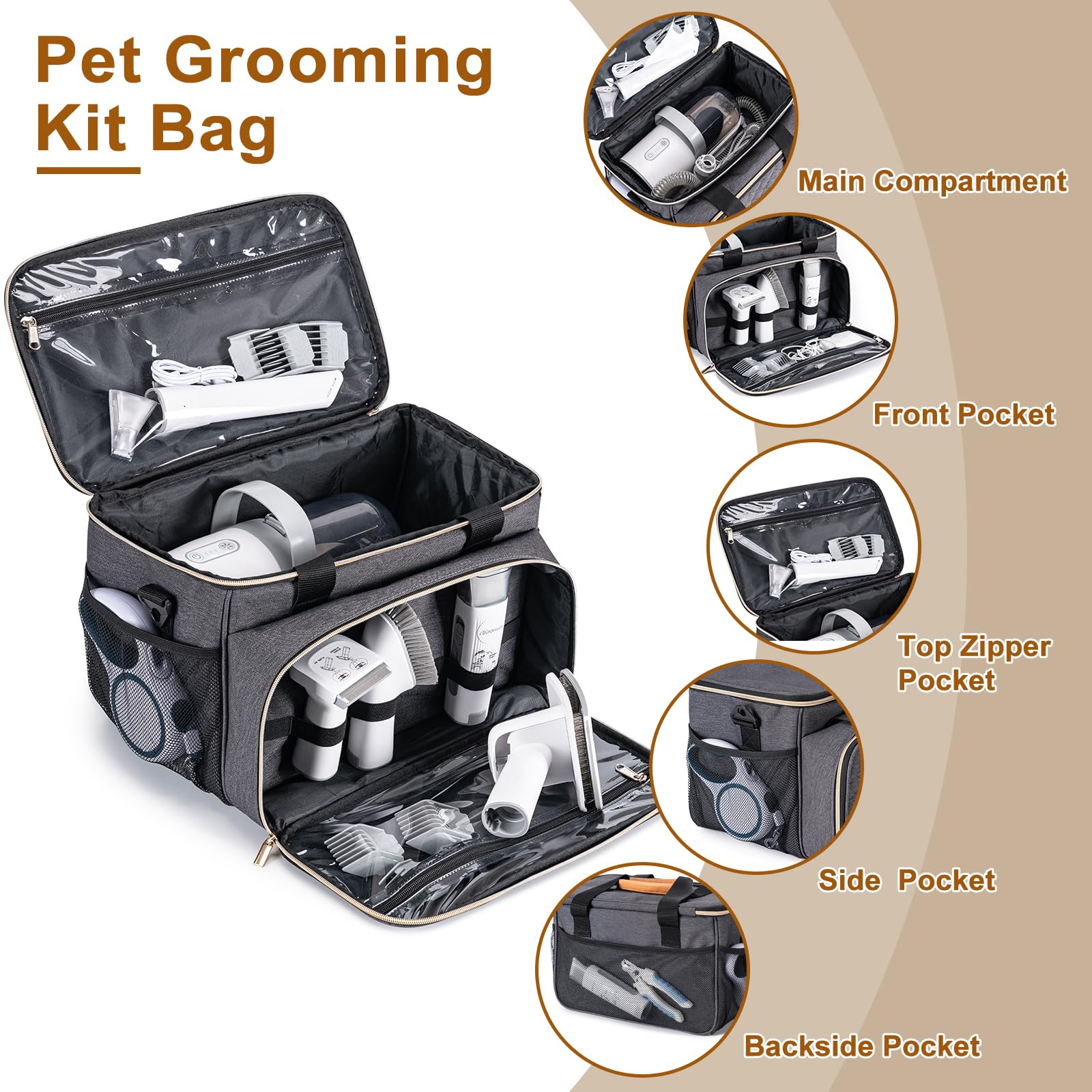 BABEYER dog grooming vacuum bag multi-pocket design keeps accessories neatly sorted.