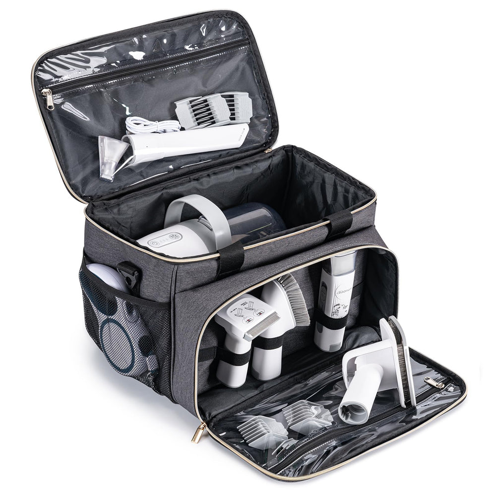 BABEYER dog grooming vacuum bag overview highlights organized storage for grooming tools.