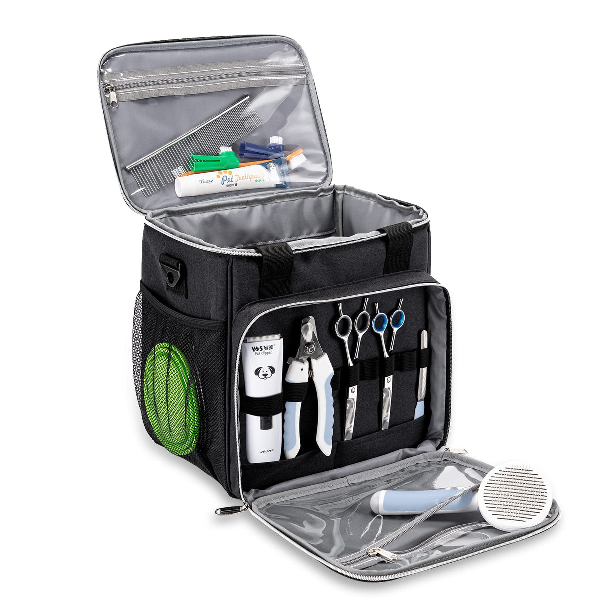 BABEYER Pet Grooming Bag front view shows organized tool slots for quick grooming setup.