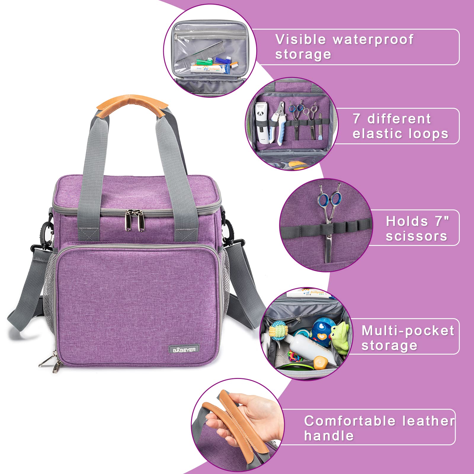 BABEYER Pet Grooming Tote interior pockets neatly separate brushes and gloves