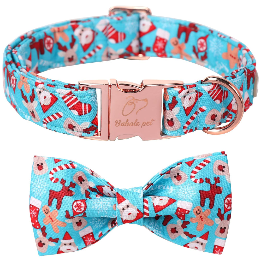 Babole Pet Christmas dog collar with blue bow tie for festive comfort.