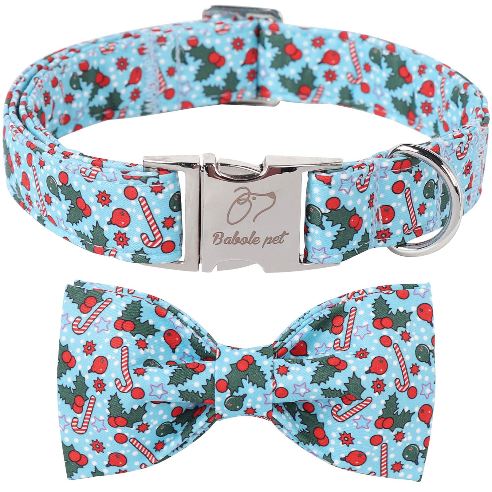 Babole Pet Christmas dog collar with bow tie blue pattern close-up for festive photos