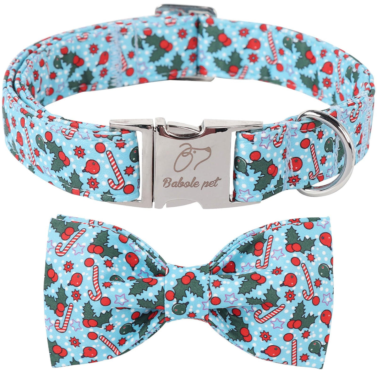 Babole Pet Christmas dog collar with bow tie blue pattern close-up for festive photos
