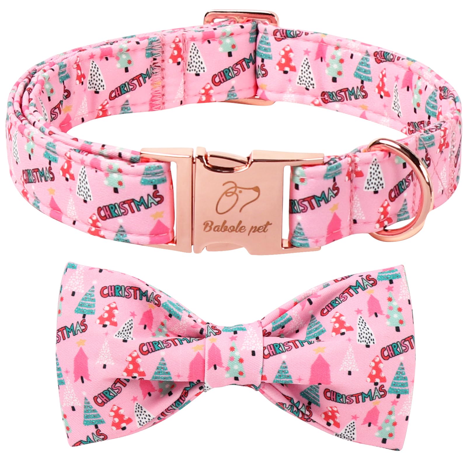 Babole Pet Christmas collar with bow tie in pink tree pattern for festive outings.