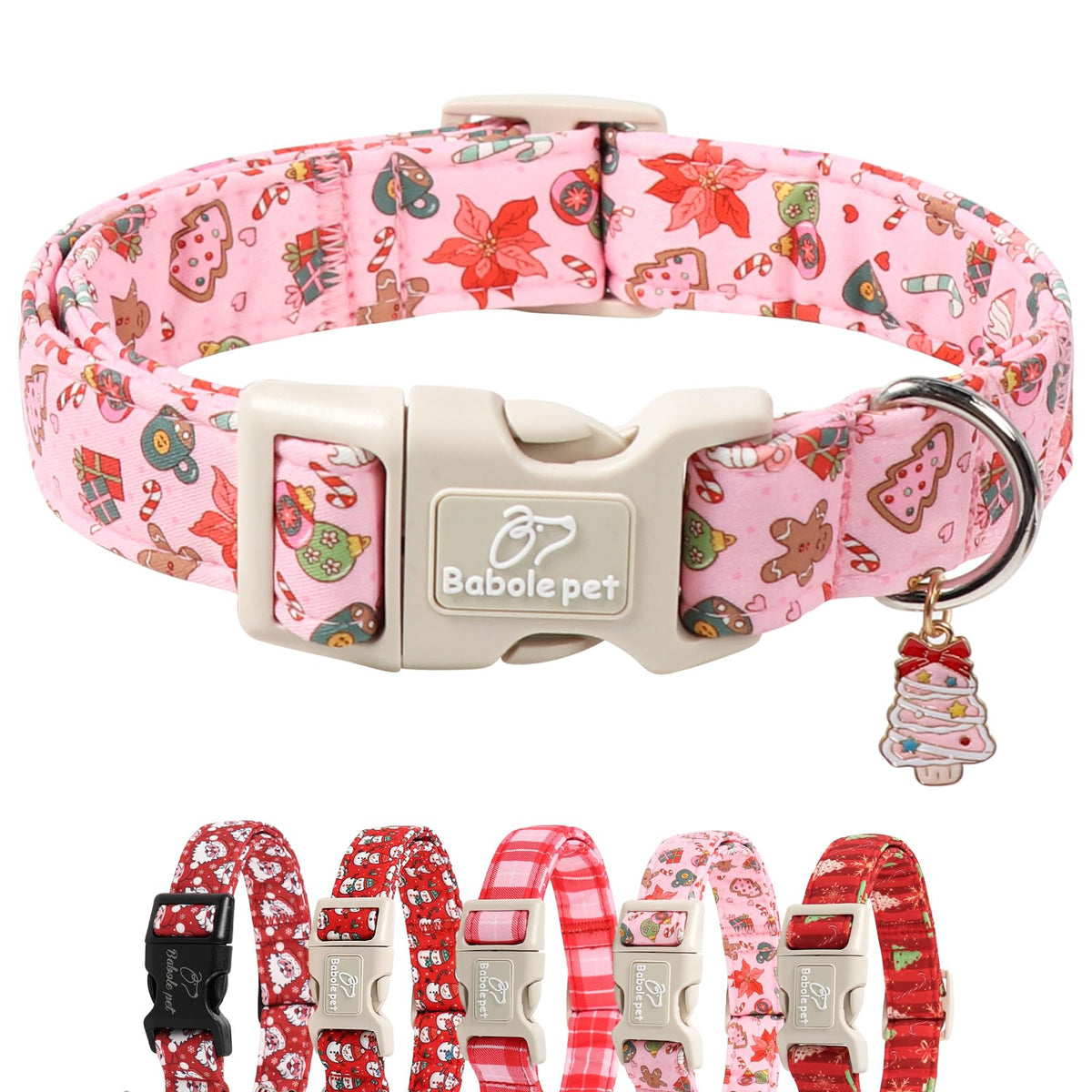 Babole Pet Christmas collar gingerbread pattern pink background ideal for holiday photos