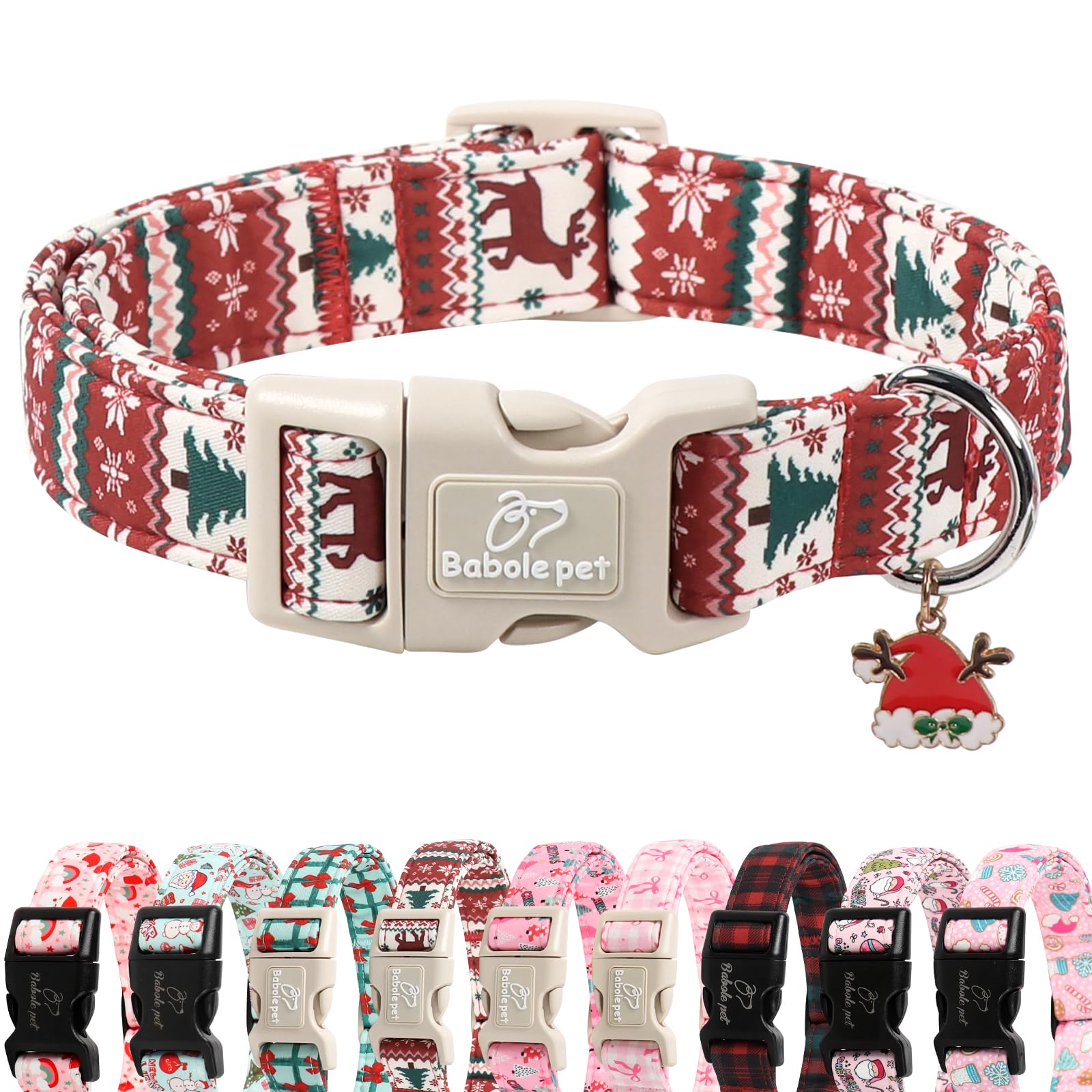 Babole Pet Christmas dog collar with a large buckle for easy on/off during festive walks.