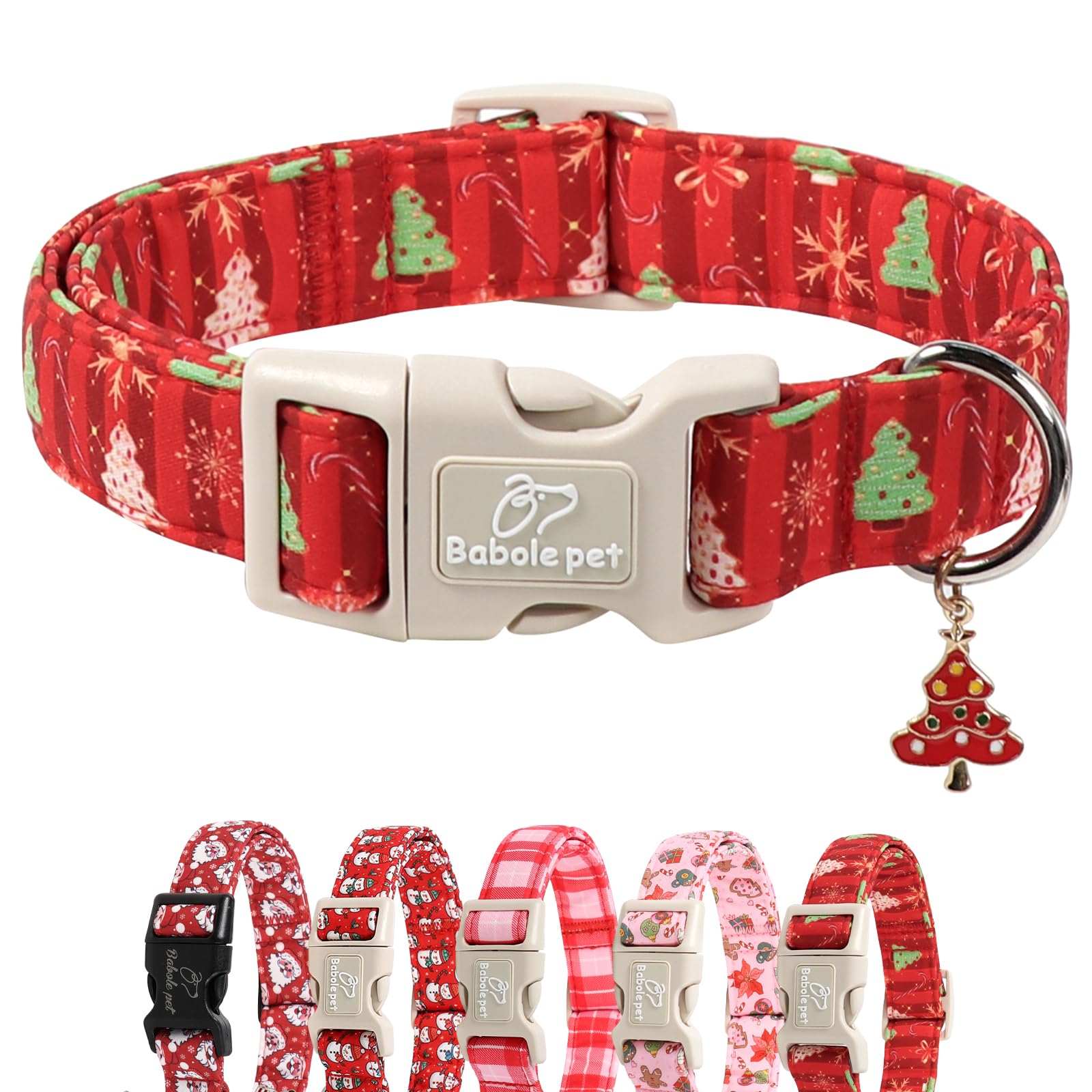 Babole Pet Christmas collar pattern close-up showing festive trees and candy canes for holiday photos.