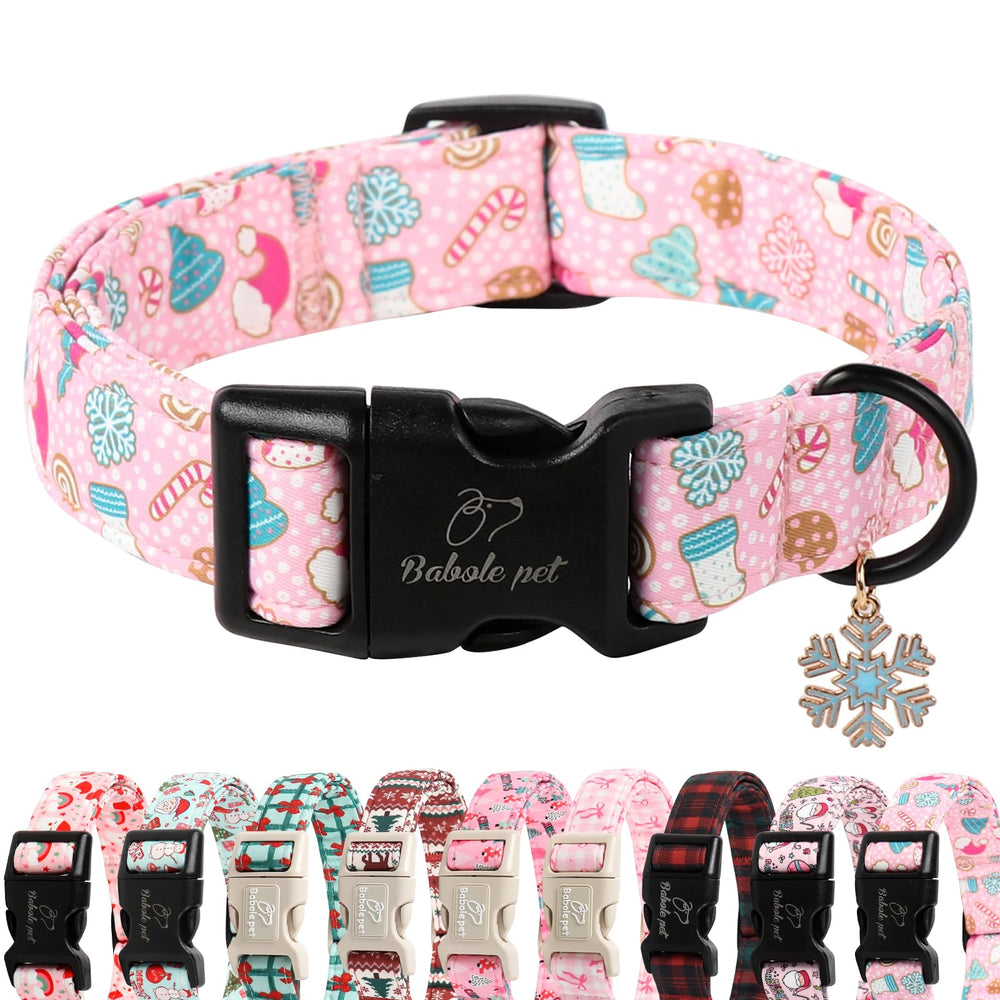 Babole Pet Christmas collar XL snowflake pink closeup showing soft cotton comfort