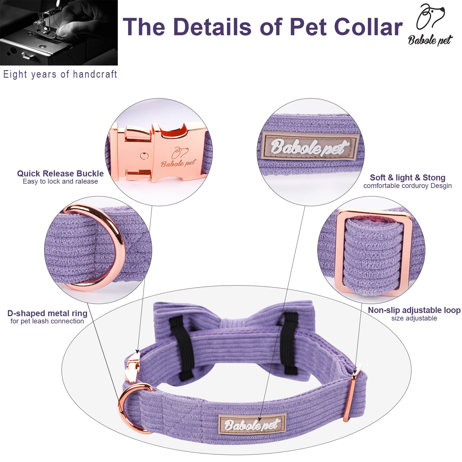 Babole Pet corduroy dog collar with detachable bow tie for versatile styling