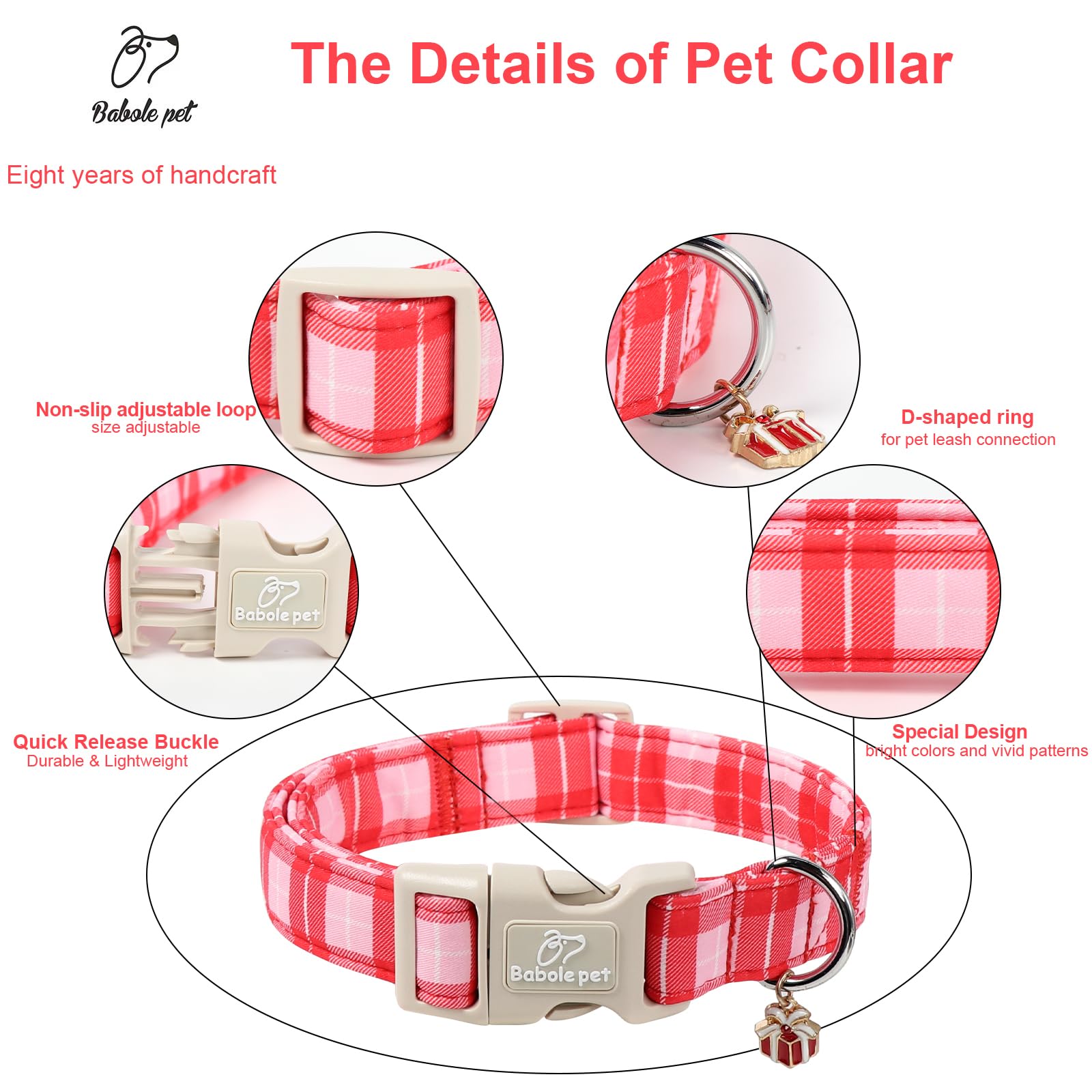 Babole Pet dog wearing plaid collar demonstrates comfortable all-day wear.