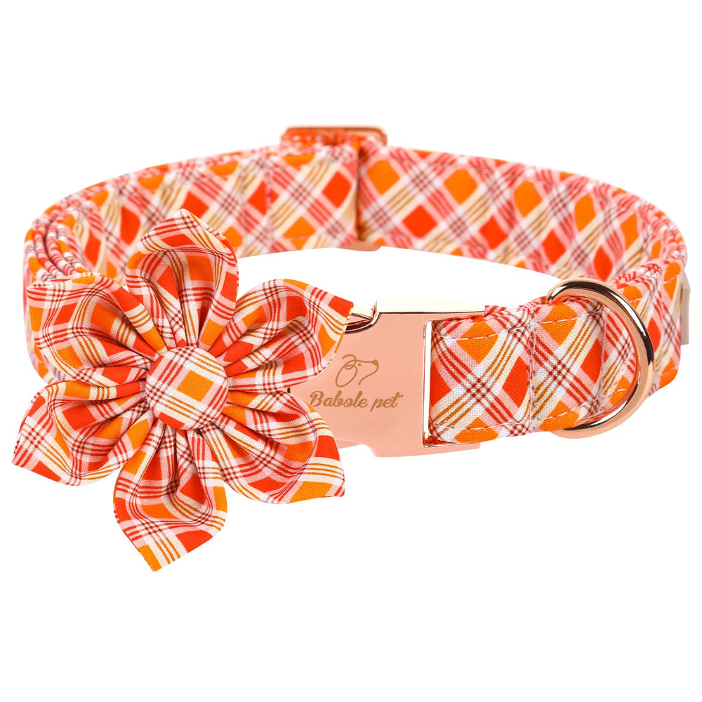 Babole Pet fall dog collar flower bow closeup highlighting soft cotton comfort.