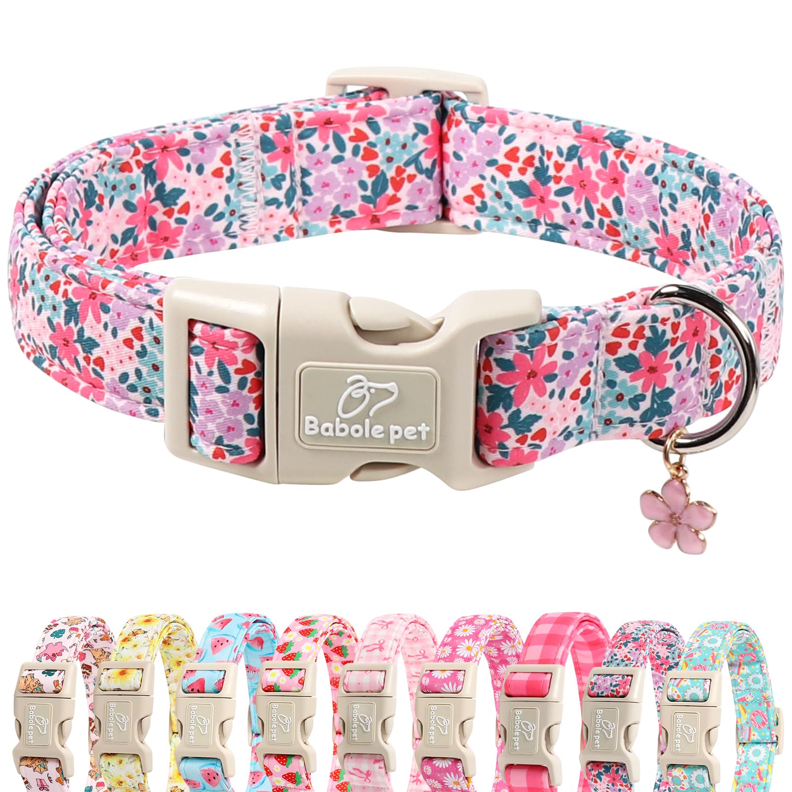 Babole Pet floral dog collar in pastel wildflowers ready for spring strolls