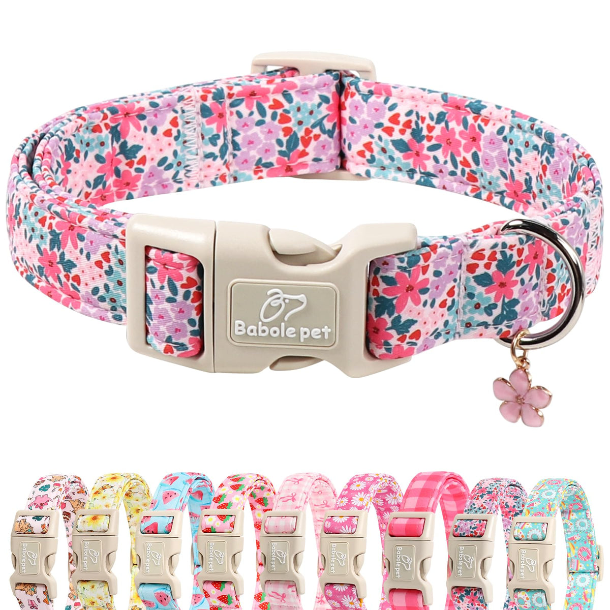 Babole Pet floral dog collar in pastel wildflowers ready for spring strolls