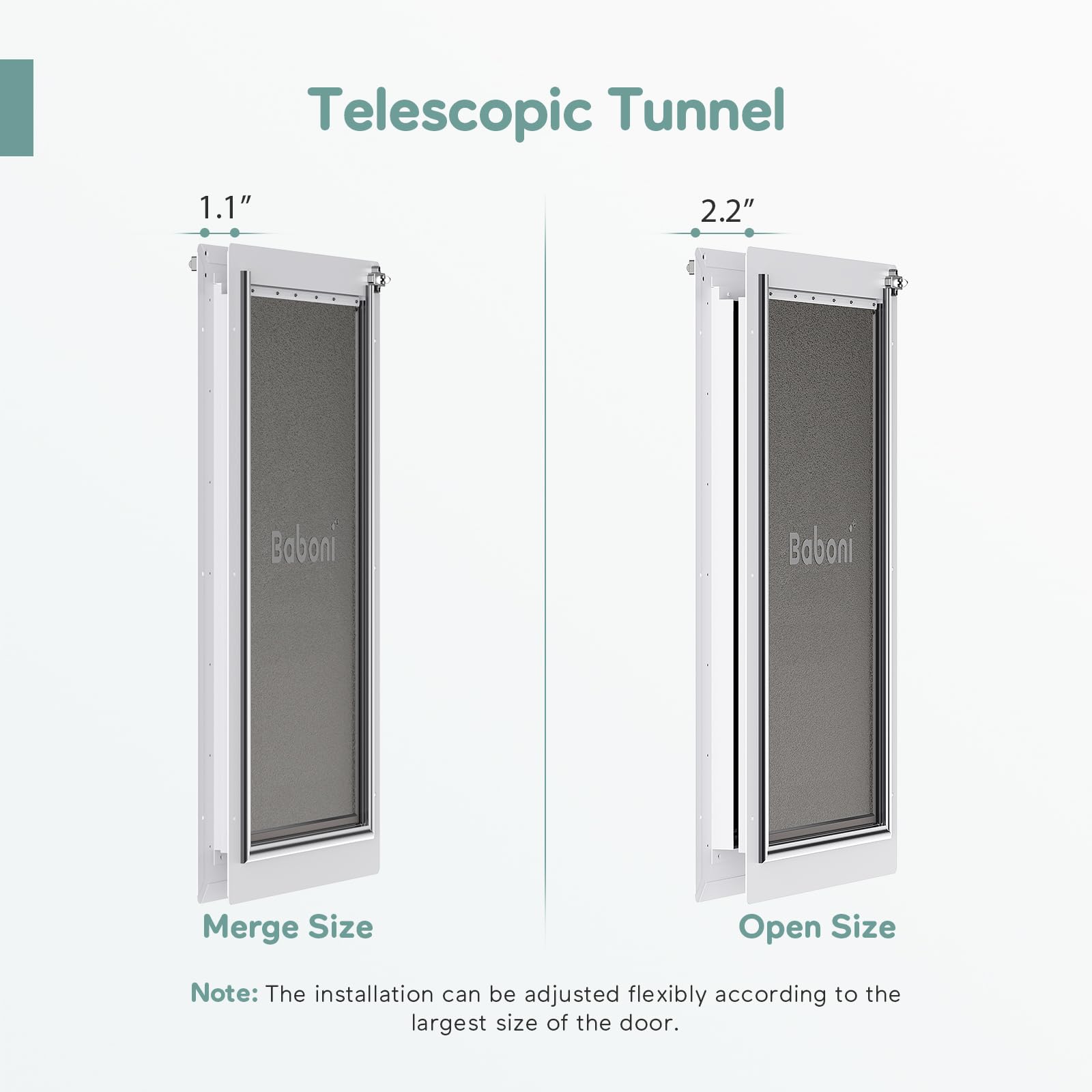 Baboni 3-Flaps door installed for door thickness between 1 3/8 and 1 57/64 inches