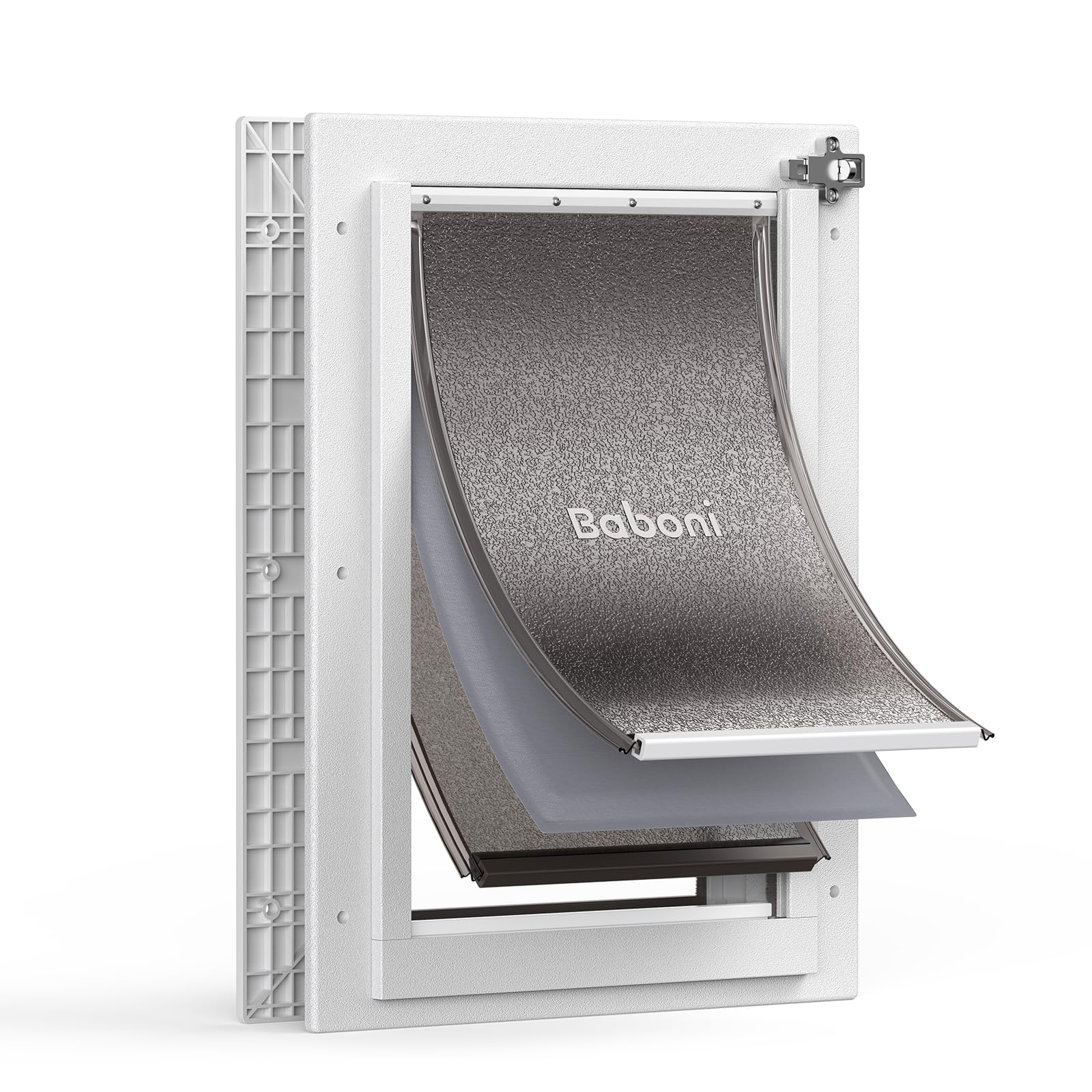 Baboni 3-flaps pet door with telescoping tunnel showing adjustable fit for multiple door thicknesses