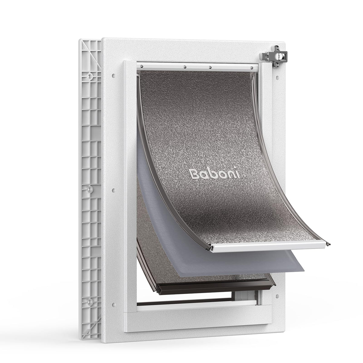 Baboni 3-flaps pet door with telescoping tunnel showing adjustable fit for multiple door thicknesses