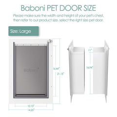 Baboni Pet Door telescoping tunnel accommodates wall thickness from 4 3/4 to 7 1/4 inches.