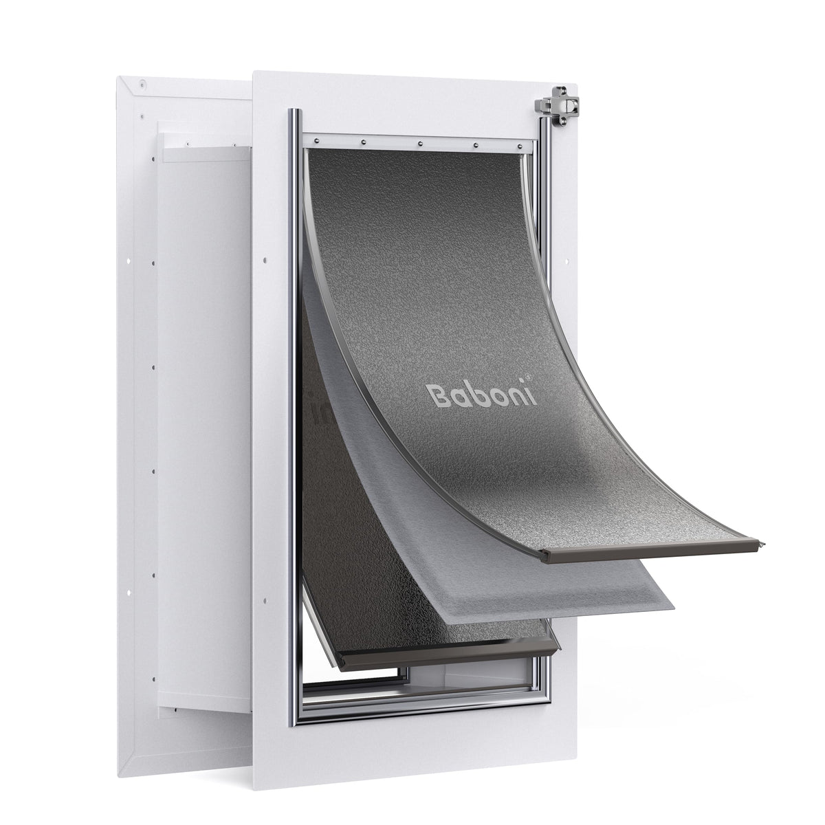 Baboni Pet Door wall 3-flap design with telescoping tunnel for varied wall thickness and easy access.