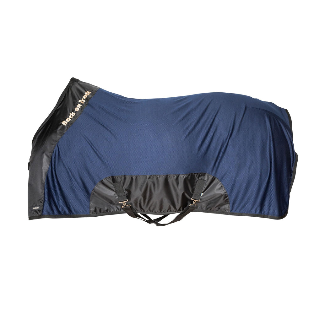 Back on Track Royal Mesh Sheet on horse wearing navy shows year-round comfort
