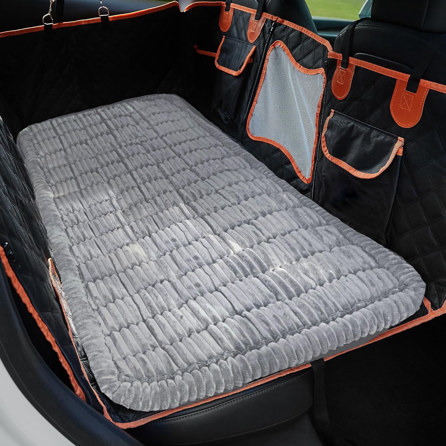 Backseat Dog Bed Mat fabric close-up shows soft, durable surface for pets
