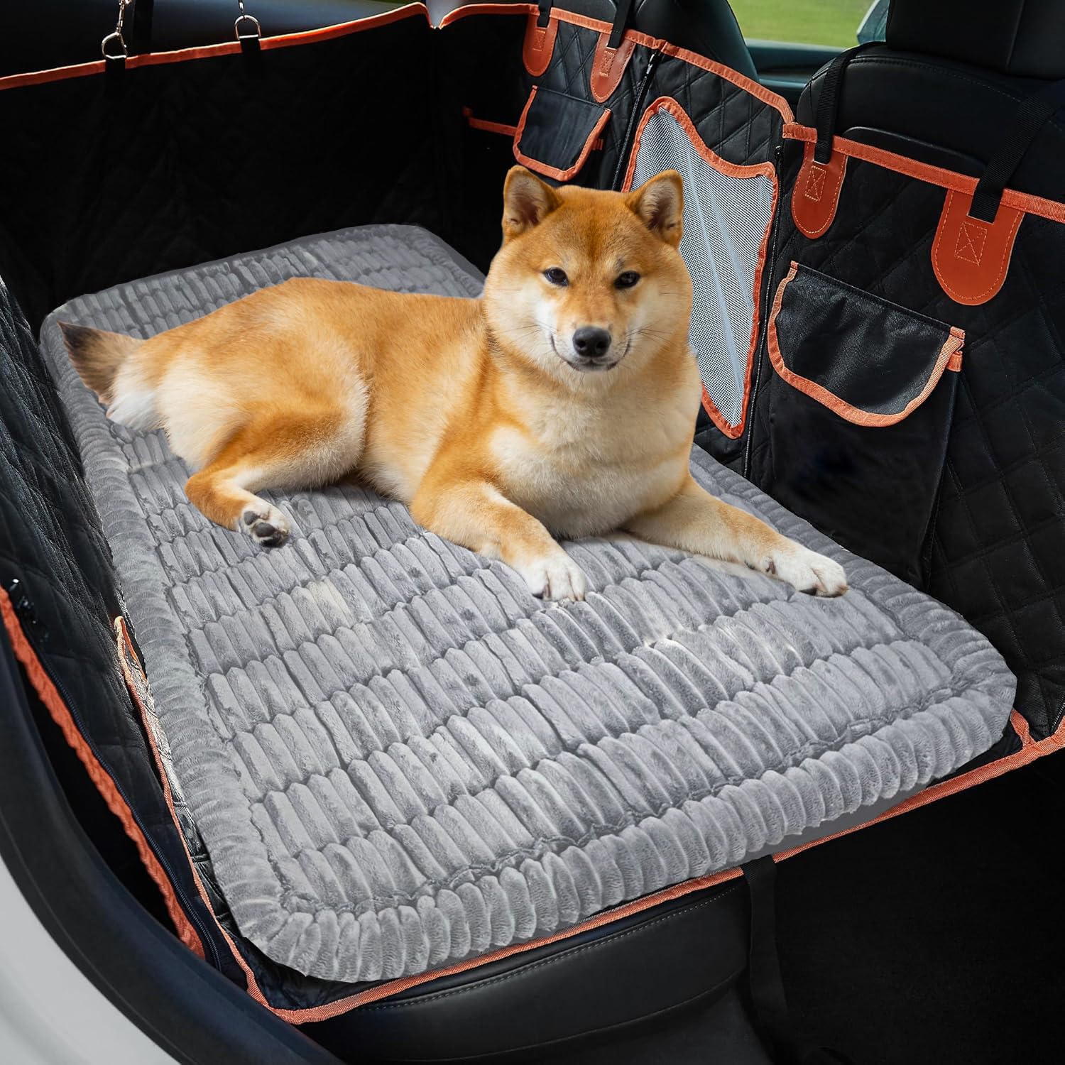 Backseat Dog Bed Mat hero shot highlights comfort and seat protection during car travel