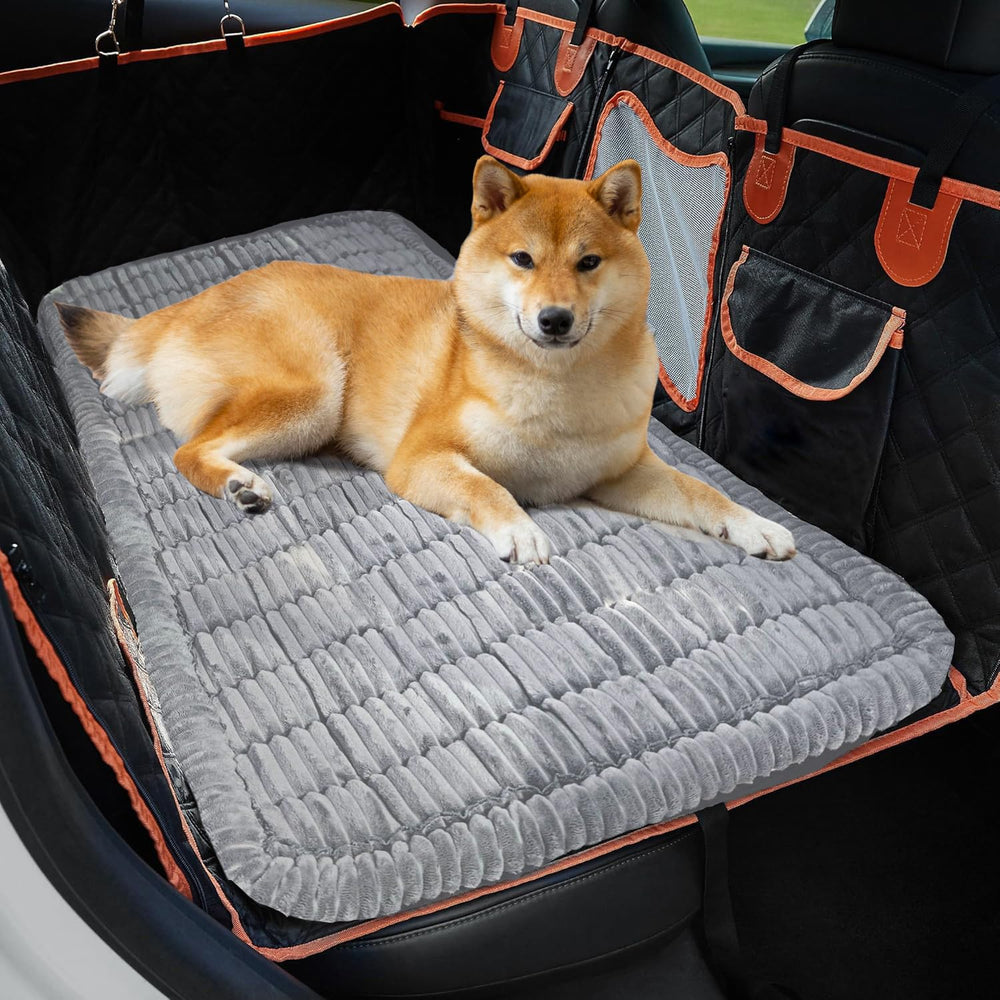 Backseat Dog Bed Mat hero shot highlights comfort and seat protection during car travel
