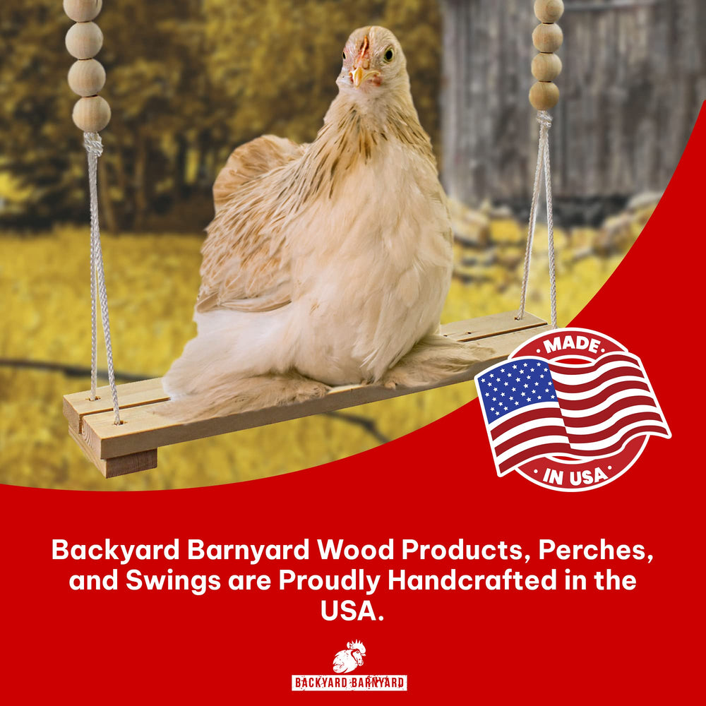 Backyard Barnyard bird entertainment swing provides enrichment for chickens and parrots.