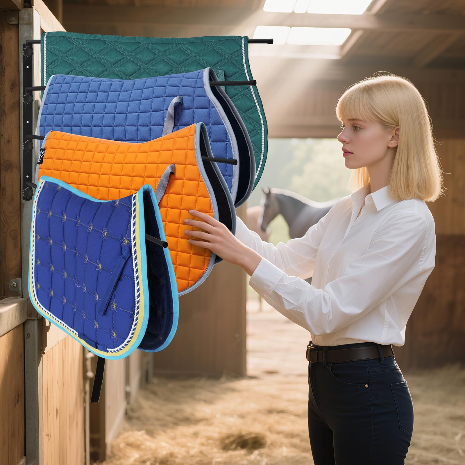 Badashun saddle pad rack wall-mount flat profile saves space when not in use.