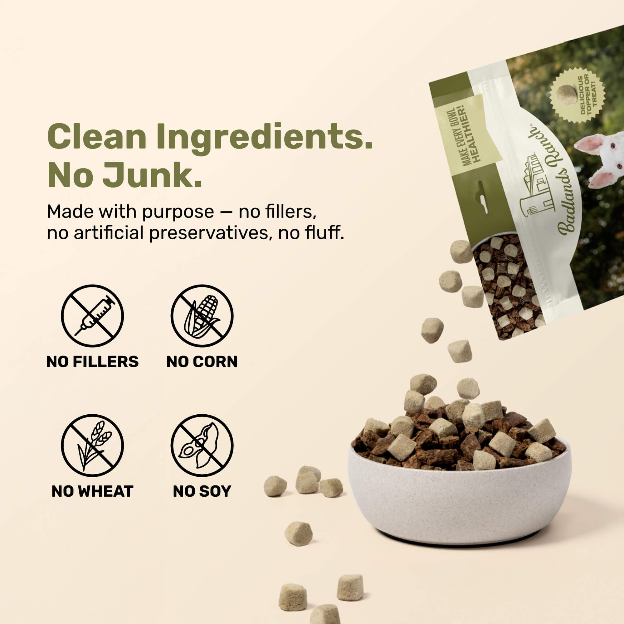 BADLANDS RANCH bag-label closeup—clean ingredients with no fillers.