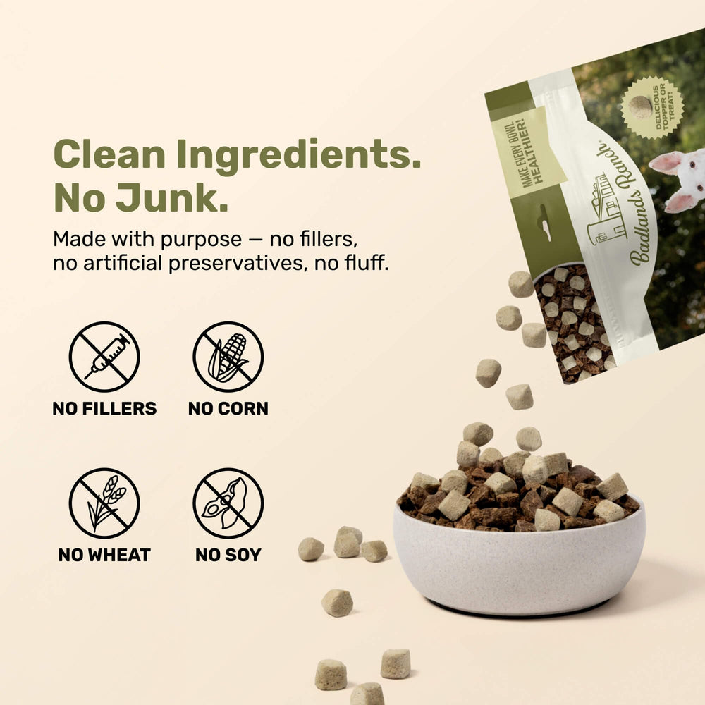 BADLANDS RANCH bag-label closeup—clean ingredients with no fillers.
