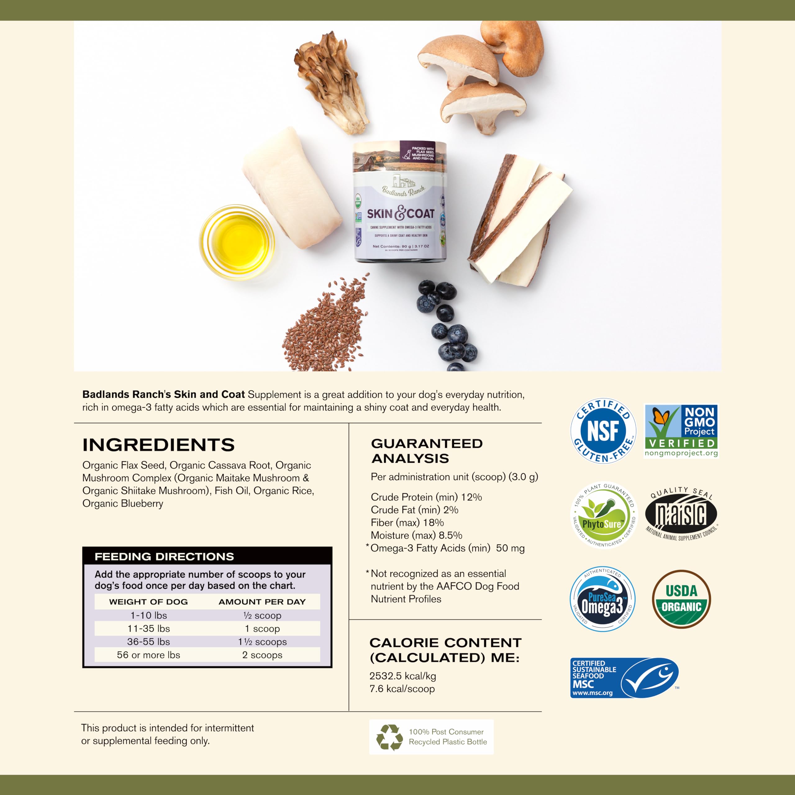Badlands Ranch fish oil bottle emphasizing omega-3 support for joints and paws.
