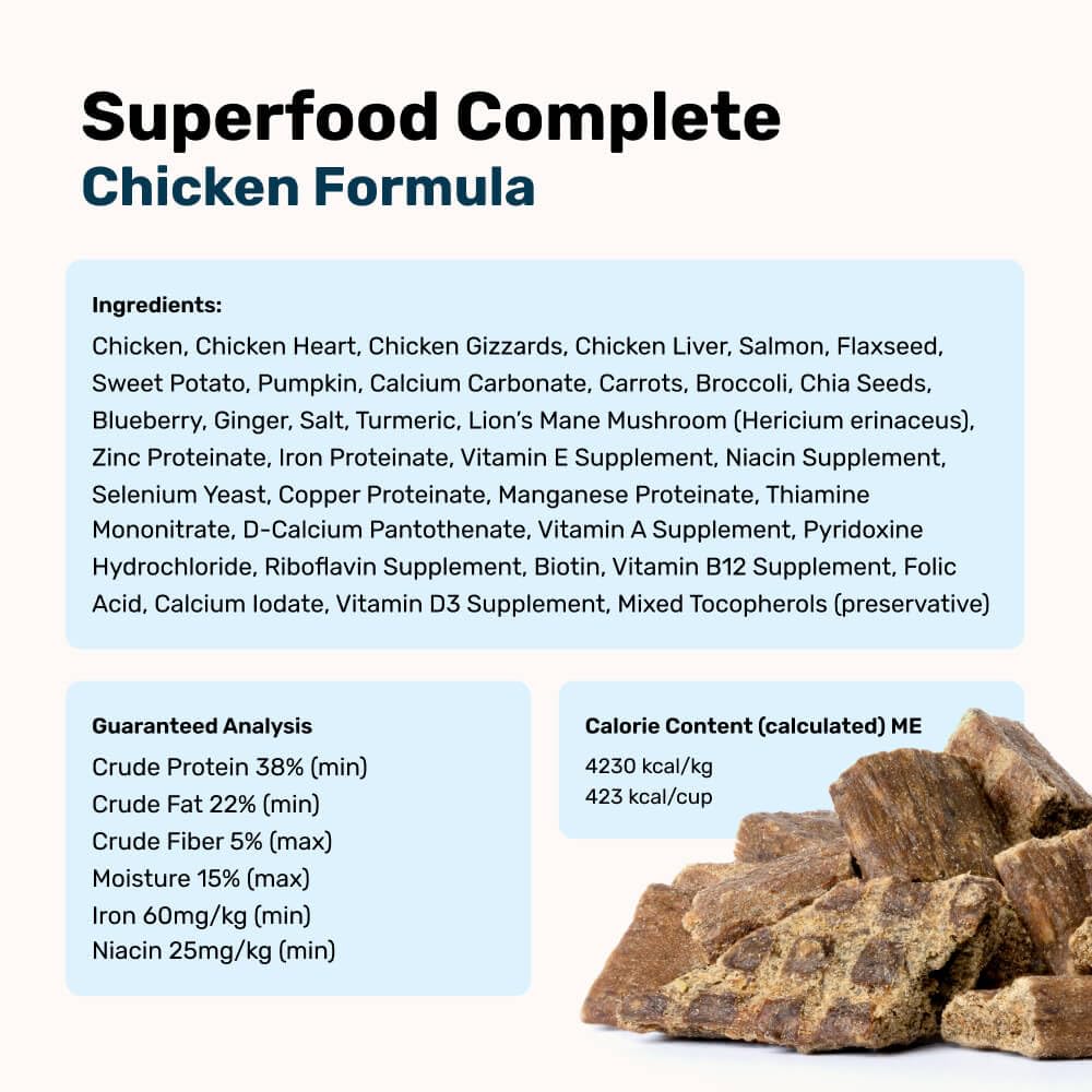 Ingredients closeup image highlights 87% chicken and organ meats for high-protein nutrition.