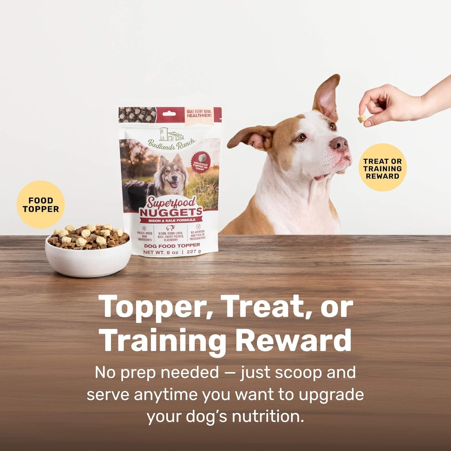 Badlands Ranch nuggets sprinkled over kibble as an easy topper