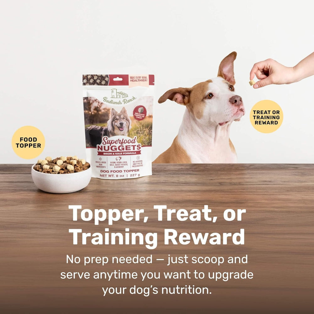 Badlands Ranch nuggets sprinkled over kibble as an easy topper