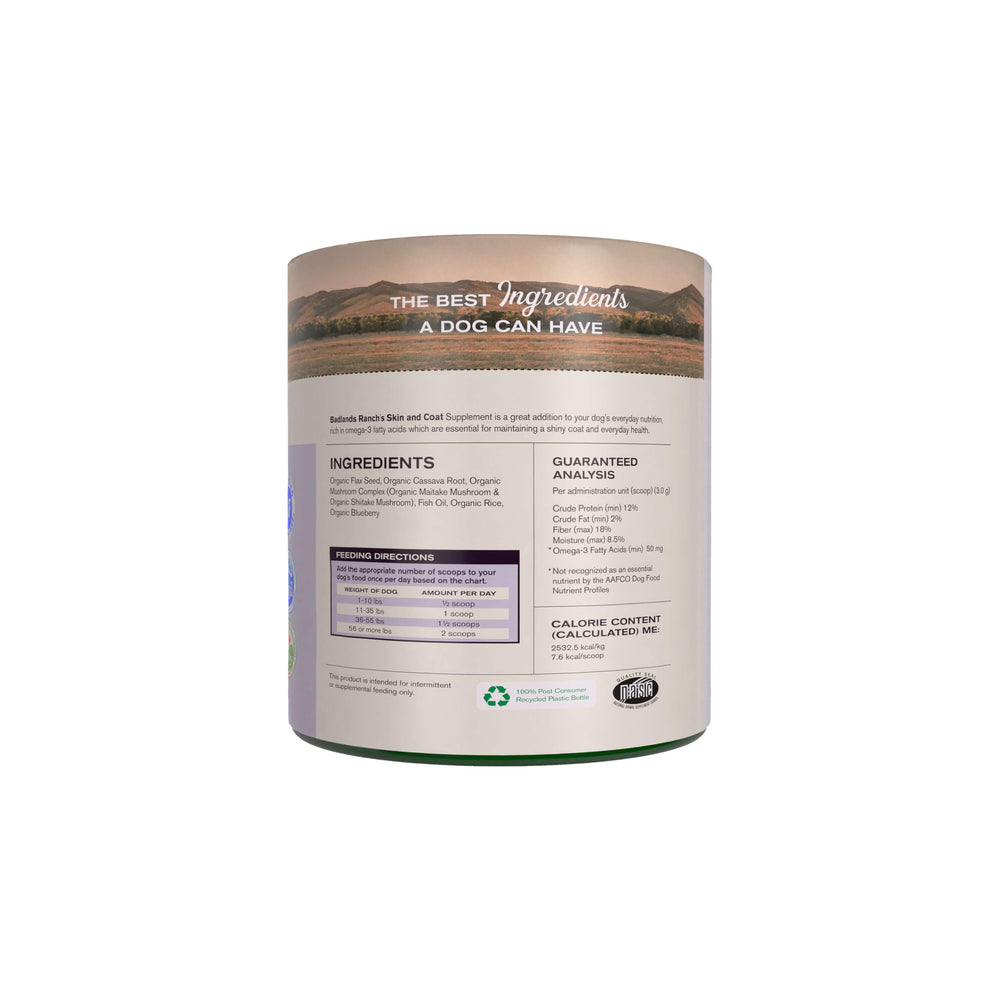Badlands Ranch organic ingredients flax seeds bowl illustrating coat softness and shine.