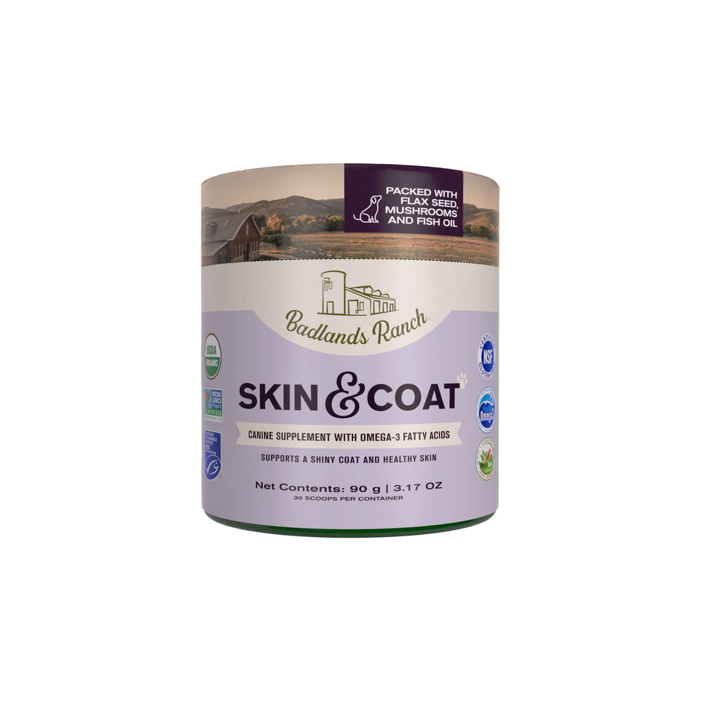 Badlands Ranch Skin & Coat supplement bottle pouring for omega-3 nourishment.