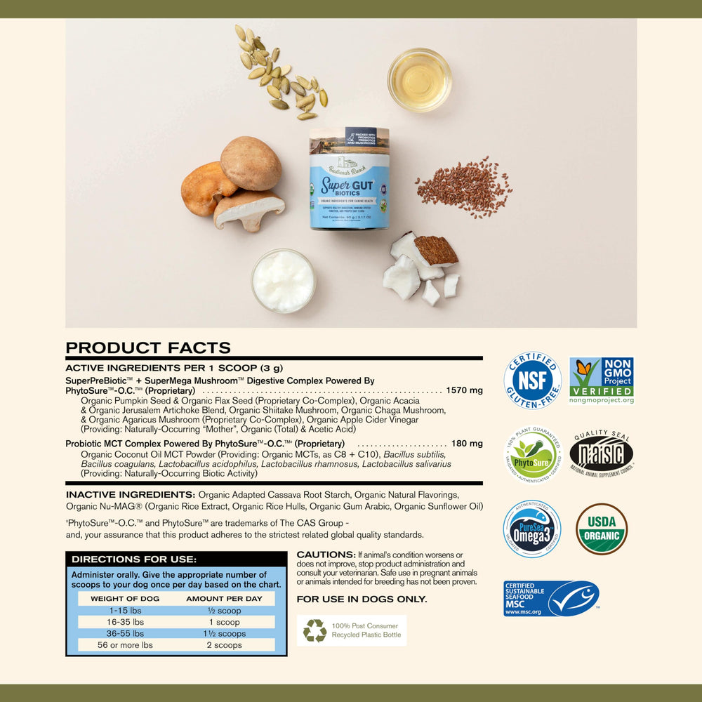 Badlands Ranch Super Gut Biotics probiotic blend capsules support balanced gut flora.