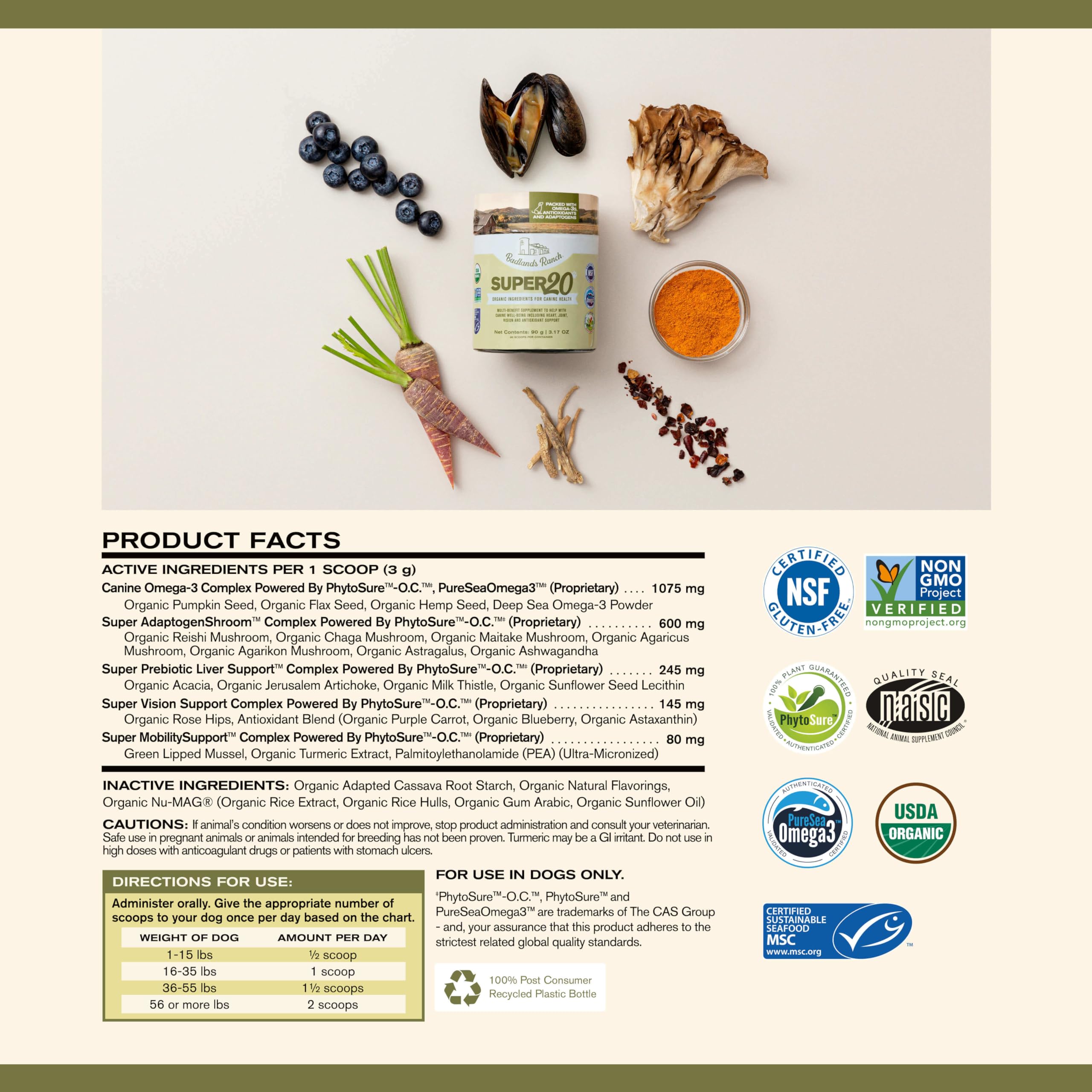 Badlands Ranch Super20 label closeup showing Organic ingredients.