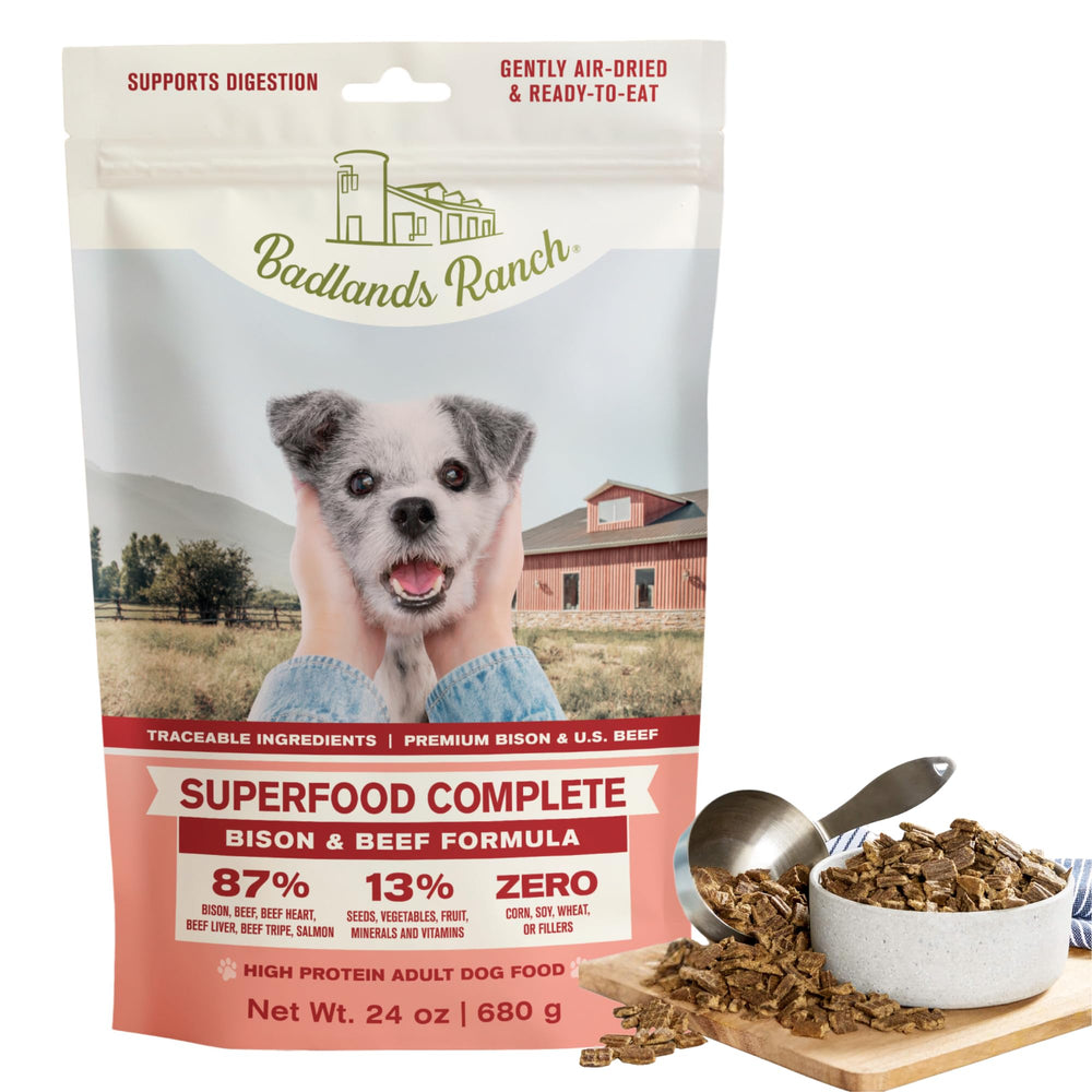 Badlands Ranch Superfood bag closed shows premium canine nutrition.