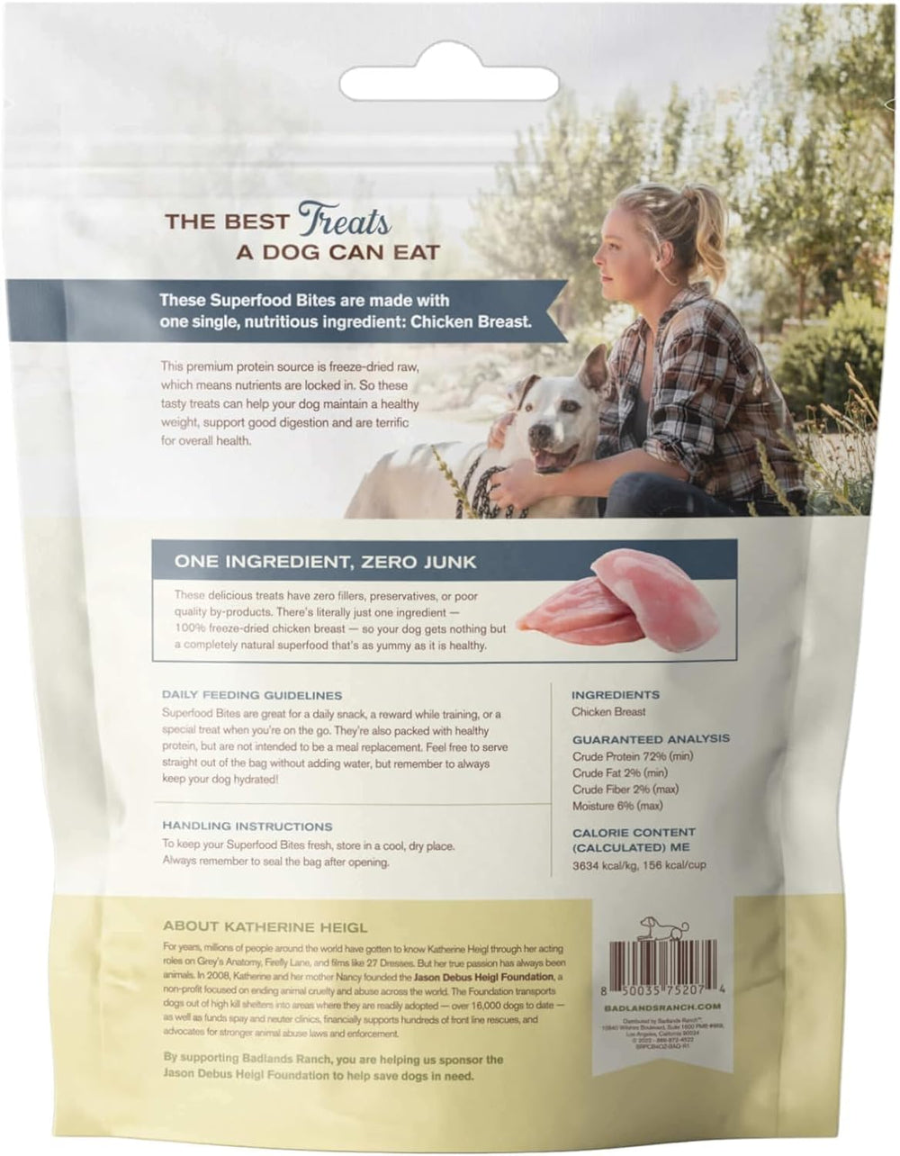 Badlands Ranch Superfood Bite Katherine Heigl branding shot reinforces trusted, premium snack choice.