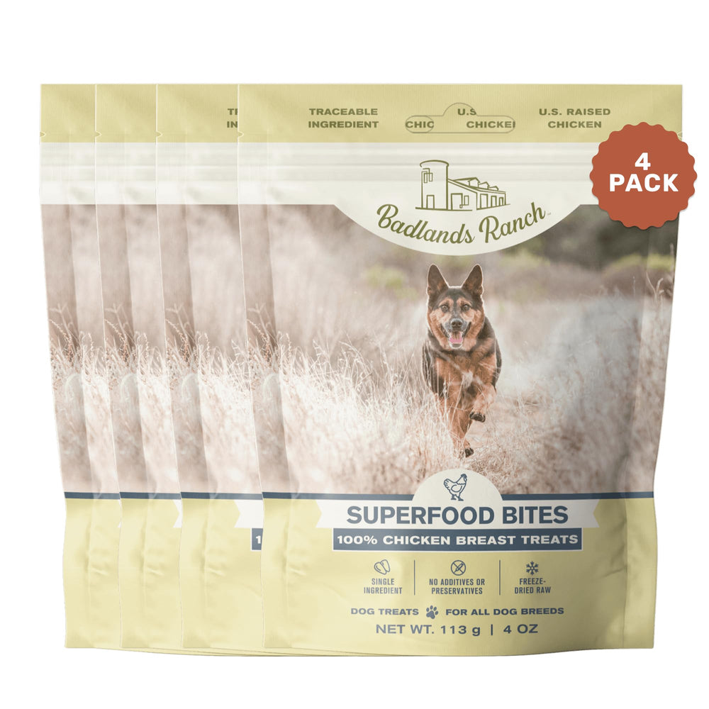 Badlands Ranch Superfood Bite packaging shows USA-raised chicken for traceable ingredients.