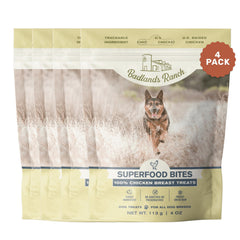 Badlands Ranch Superfood Bite packaging shows USA-raised chicken for traceable ingredients.