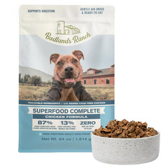 BADLANDS RANCH Superfood Complete dog food bag shows premium air-dried formula for picky eaters.