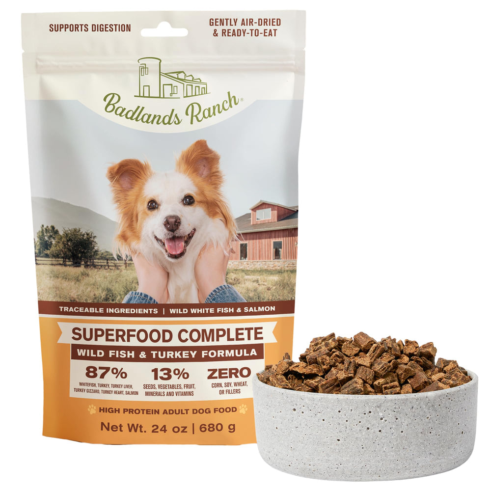 Badlands Ranch Superfood Complete dog food bowl ready to serve a high-protein meal.