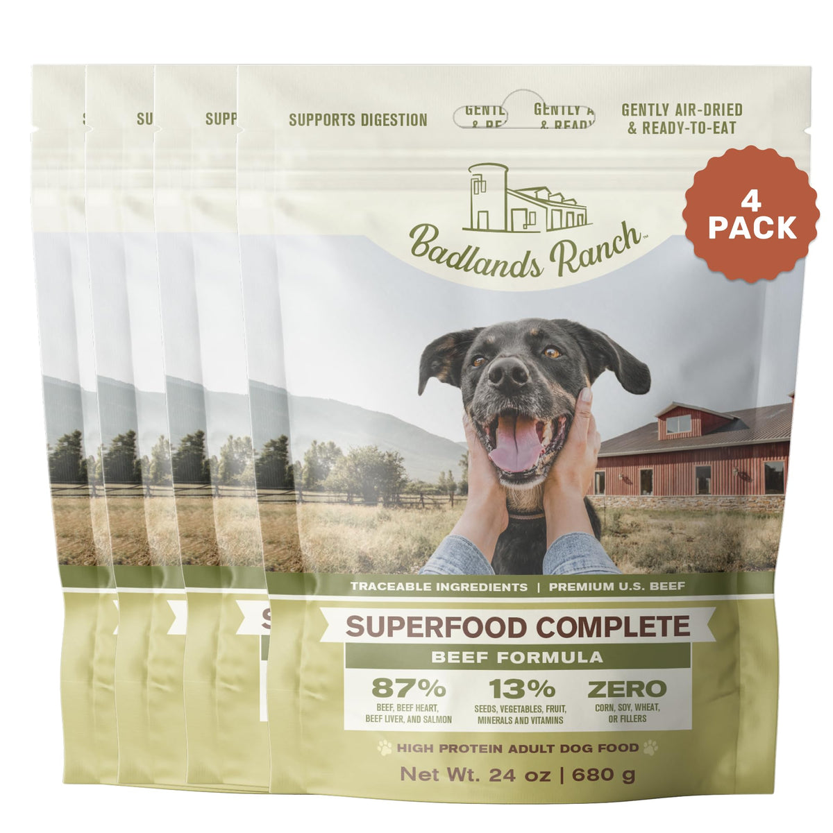 BADLANDS RANCH Superfood Complete bag-open: premium air-dried dog food for balanced nutrition.