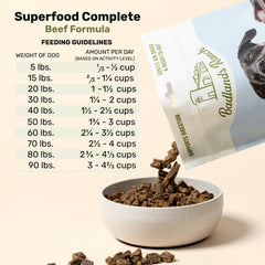 BADLANDS RANCH Superfood Complete beef formula bag back shows ingredients and zero fillers.