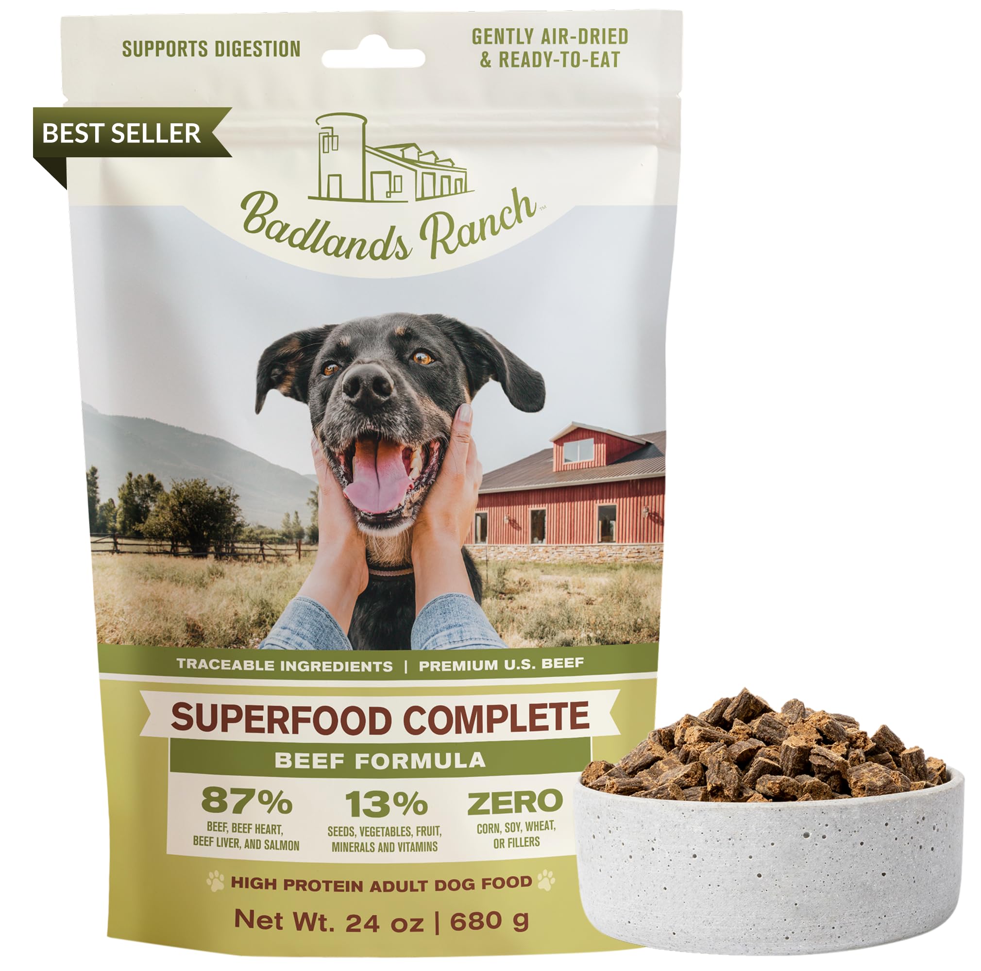BADLANDS RANCH Superfood Complete beef formula bag front high-protein, air-dried nutrition.